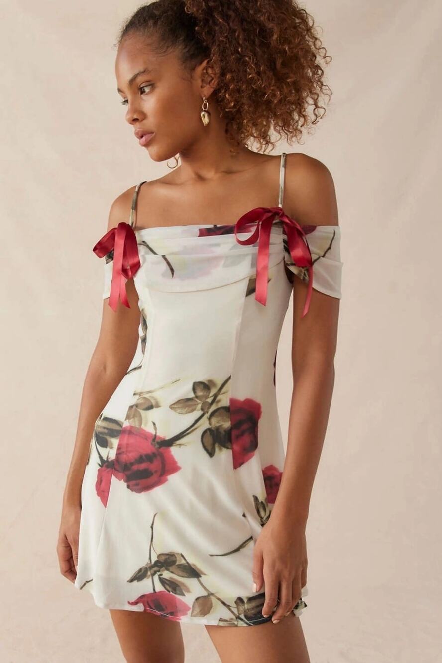 Kimchi Blue Urban Outfitters Rose Floral Mesh Cowl Midi Dress Size L Ribbon NWT